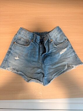 Zara Light Blue Distressed High-Waist Denim Shorts